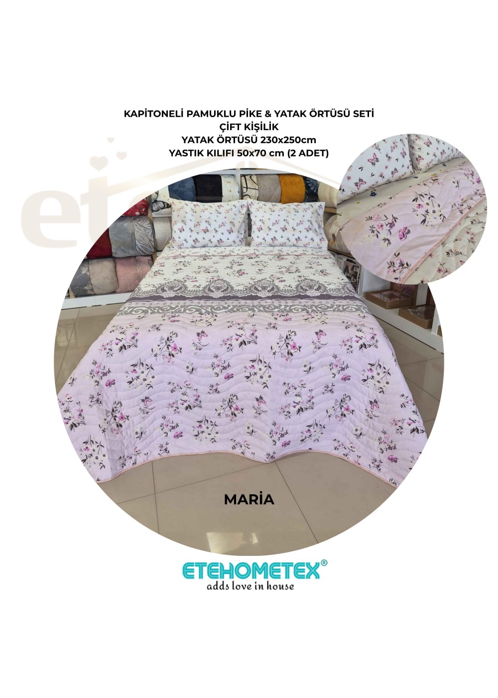 ETEHOMETEX Battal Boy Pamuklu Kapitoneli Yatak Örtüsü Seti MARİA 8696474232118